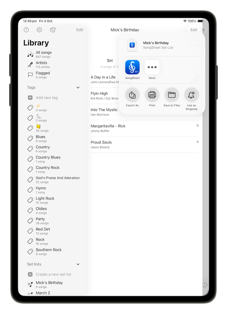 Setlist share options